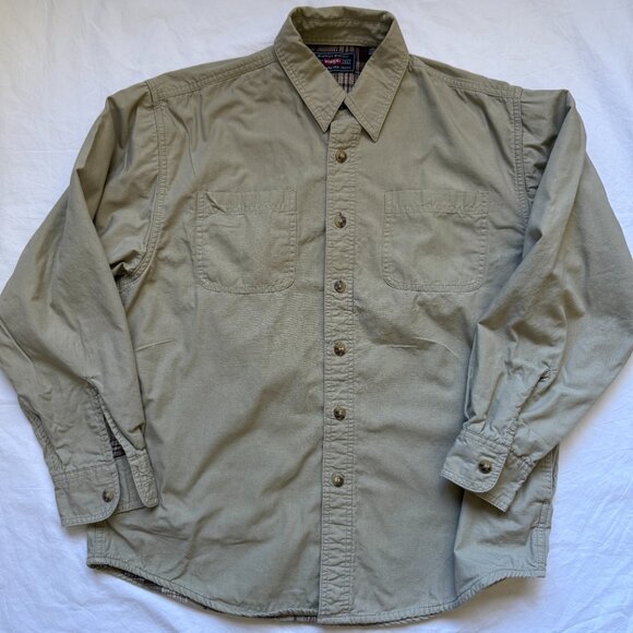 Wrangler flannel lined shacket w/ pockets, khaki w/ brown plaid interior, size M - Picture 2 of 6
